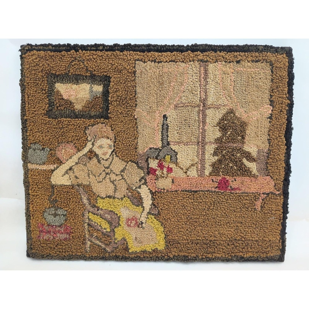 Vintage Hand Hooked Rug Framed Wall Art Americana Farmhouse